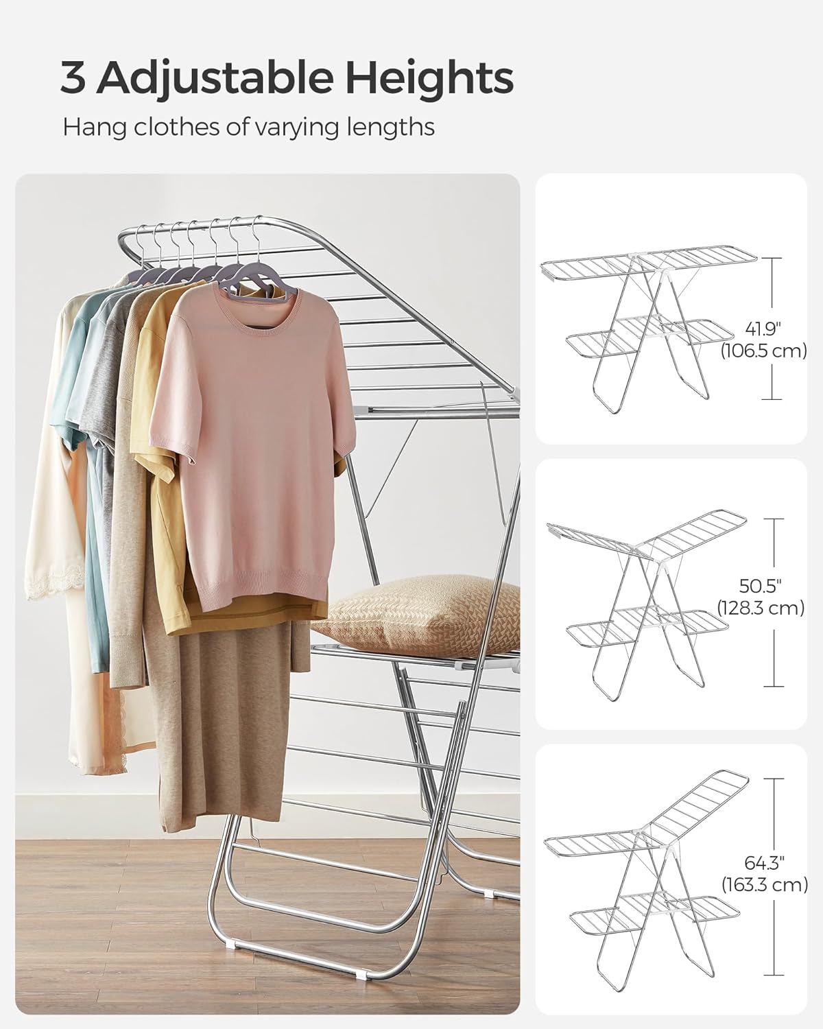 SONGMICS Clothes Drying Rack, Foldable 2-Level Laundry Drying Rack, Free-Standing Laundry Airer, with Height-Adjustable Wings, 33 Drying Rails, Sock Clips, Silver and White ULLR053W01V1 - NestledHome