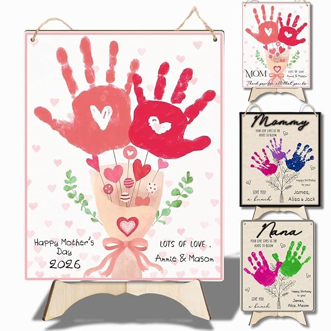Pink Floral Bouquet DIY Baby's First Mothers Day Handprint Making Sign, Mother's Day Handprint Hanging, Mothers Day Birthday Gift from Kids Toddler Baby Gift for Mom Grandma, Children Toddler Keepsake