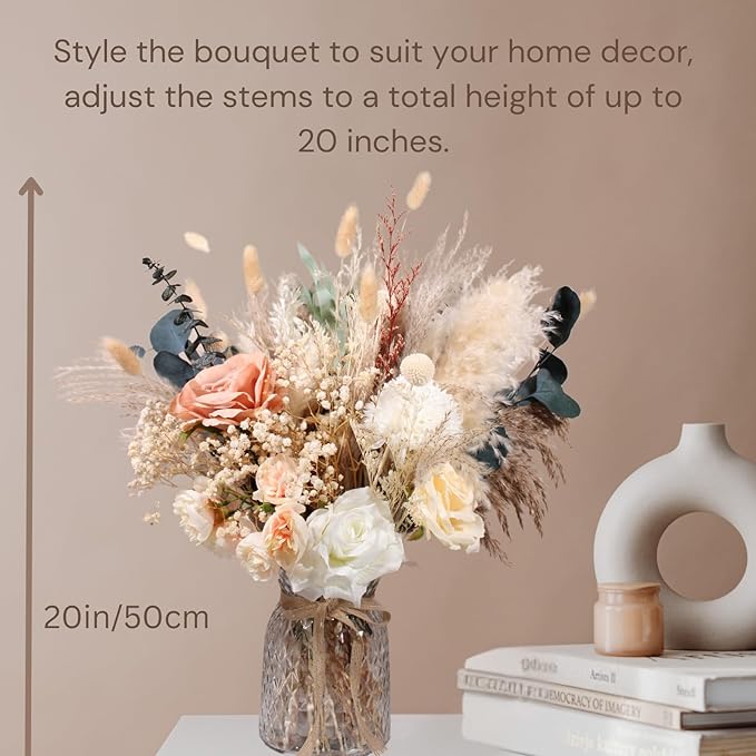 Luxury Floral Arrangement with Vase - Pampas Grass & Artificial Flowers for Kitchen Island, High End Centerpiece Decor, Coffee Table & Dining Table, Farmhouse Boho Home Decor with Dried Flowers