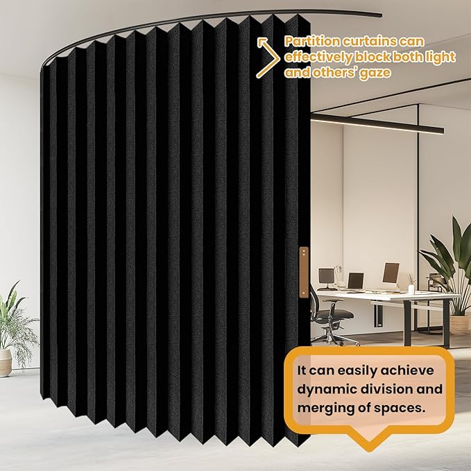 Accordion-Style Room Divider with Ceiling Track - Foldable Partition Curtain, Easy Installation(Black 180" W x 84" L-Pack of 1)