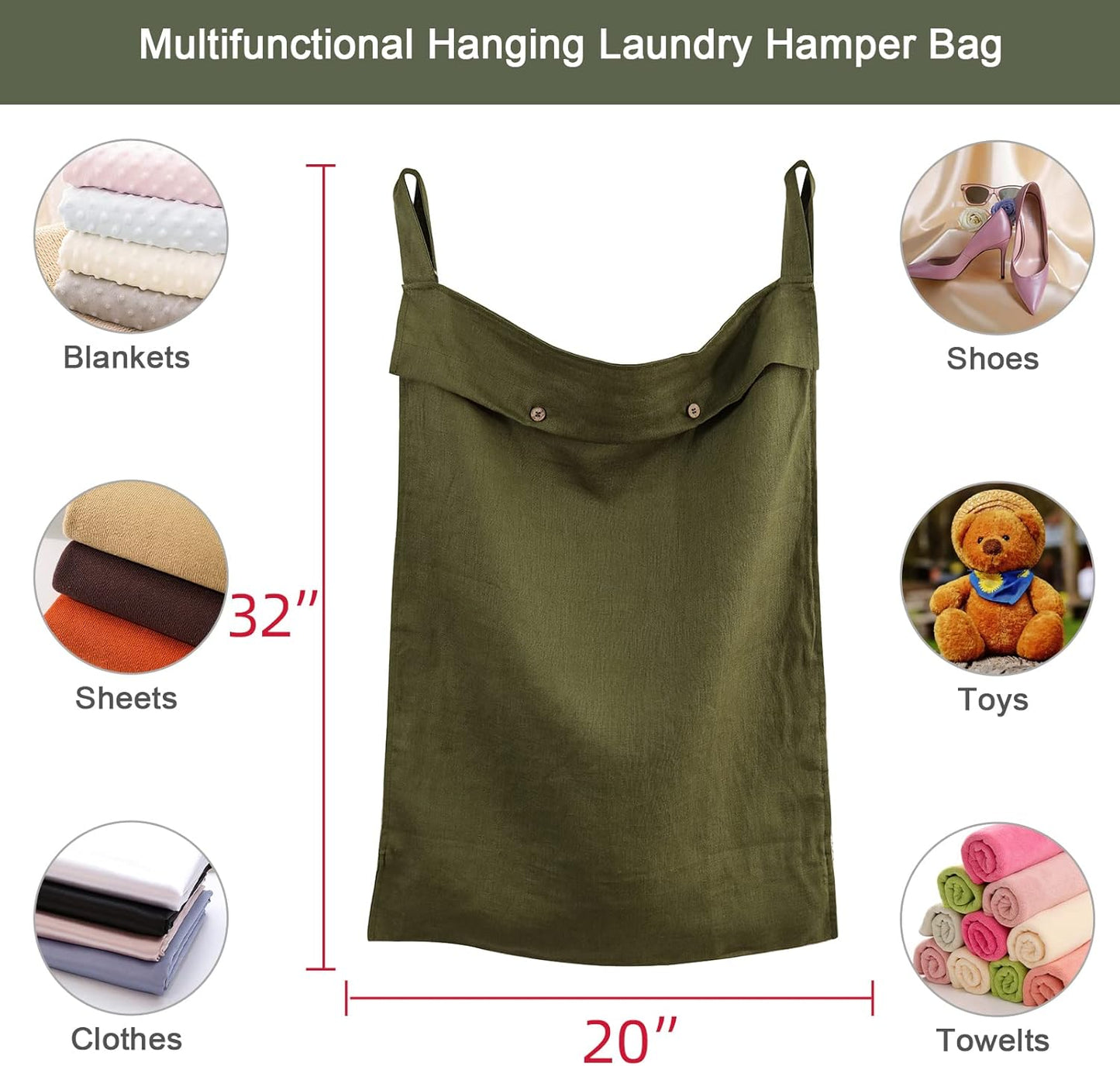 Linen Hanging Laundry Bag, 100% Linen Over The Door Laundry Hamper with Buttons and Zipper, Space Saving Door Hampers for Laundry Dirty Clothes Home Travel, Green - NestledHome