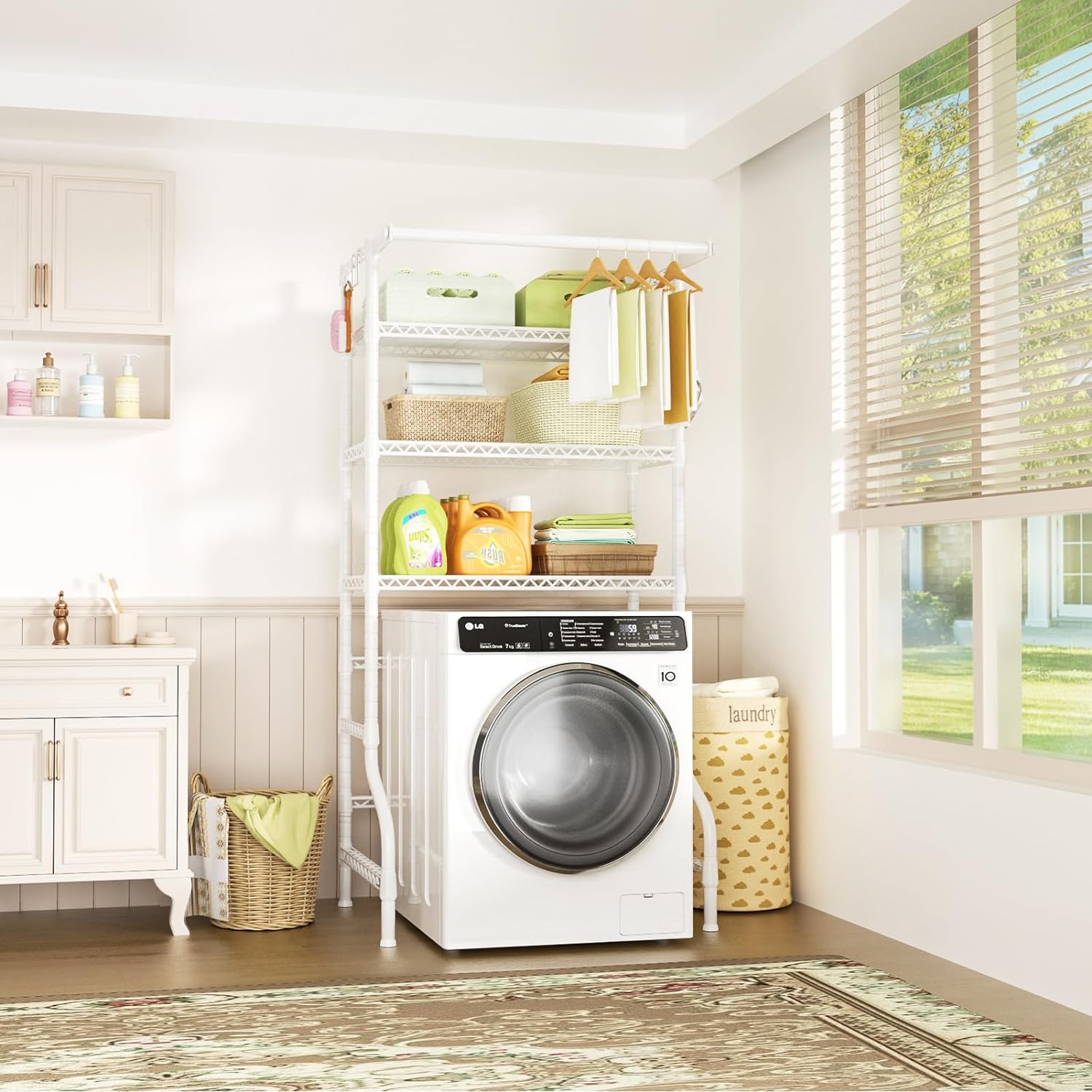 Ulif U11 Over Washer and Dryer Shelves, 3 Tiers Laundry Room Storage and Organizer Standing Shelf, Metal Freestanding Clothes Drying Rack, 33.9" W x 19.7" D x 77.6" H, White - NestledHome
