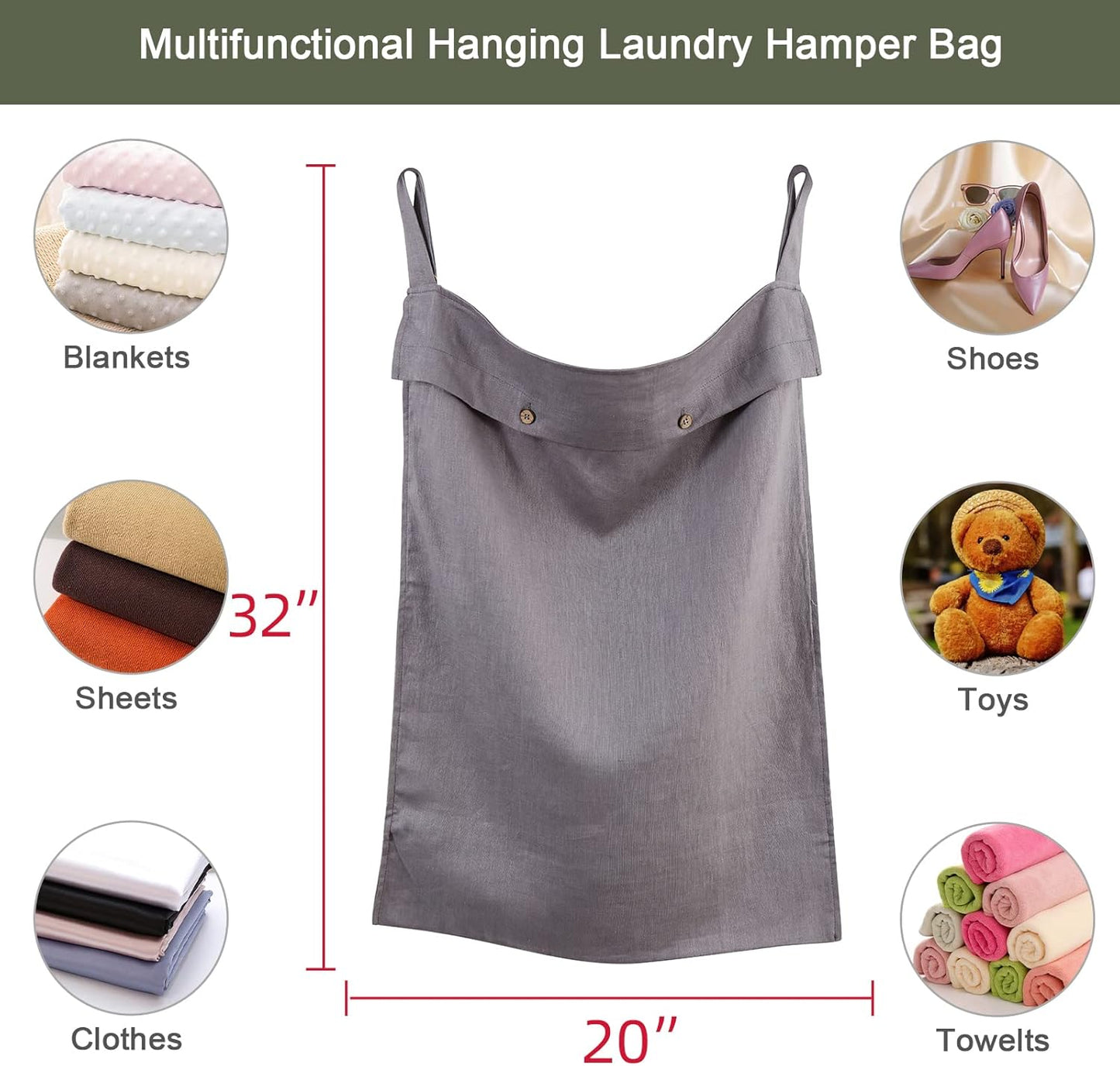 Linen Hanging Laundry Bag, 100% Linen Over The Door Laundry Hamper with Buttons and Zipper, Space Saving Door Hampers for Laundry Dirty Clothes Home Travel, Grey - NestledHome
