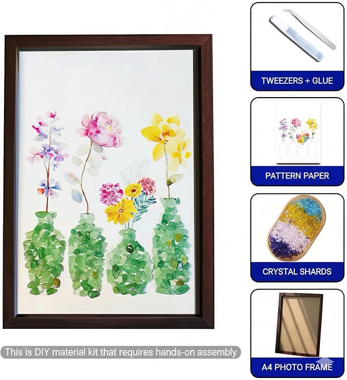 Boohyjtong DIY Natural Crystal Mosaic Art Kit for Adults (Framed) - Genuine Green Gemstone Flower Vase 3D Wall Decor. Includes A4 Frame, Glue & Tools. Relaxing Crushed Stone Craft Gift for Women