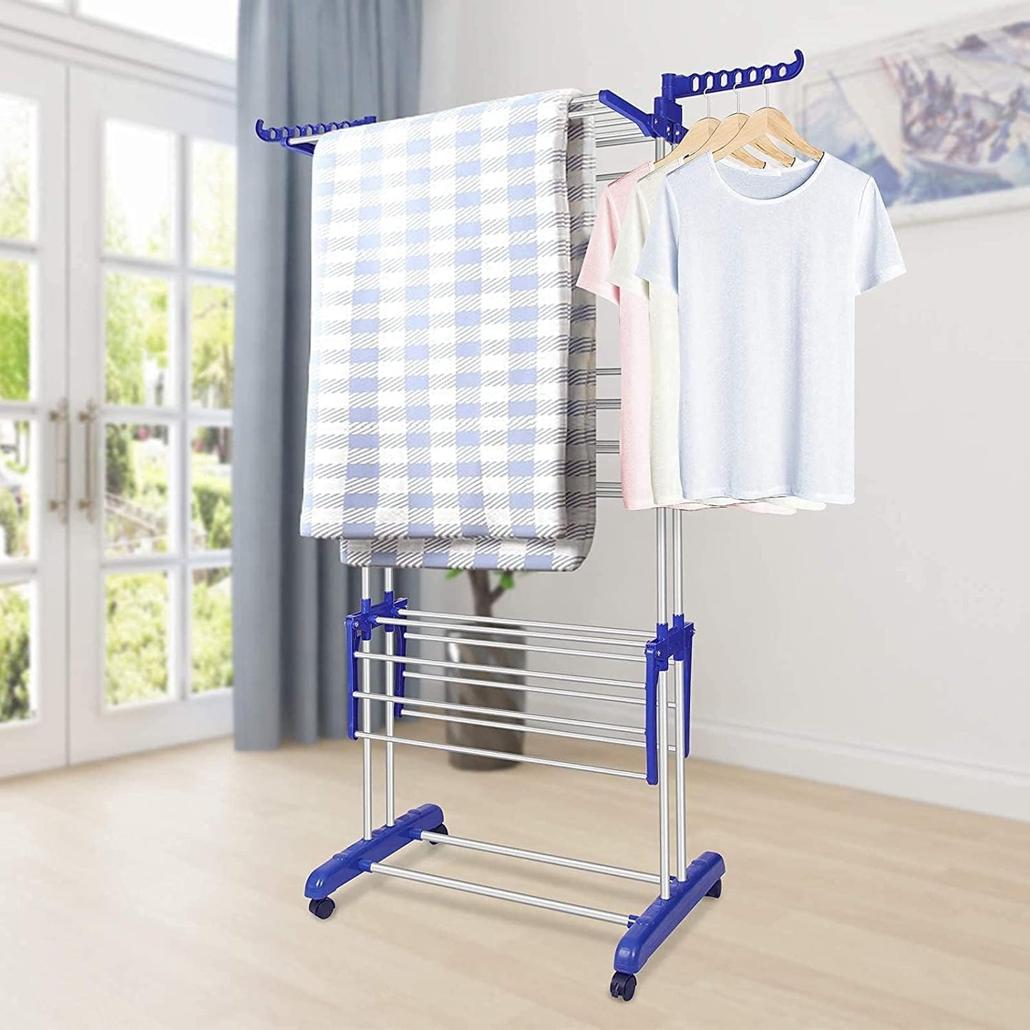 Bigzzia Clothes Drying Rack, Folding Stainless Steel Drying Rack Clothing Indoor Outdoor, Space-Saving, 4 Tier Laundry Drying Rack with Two Side Wings Grey Blue - NestledHome