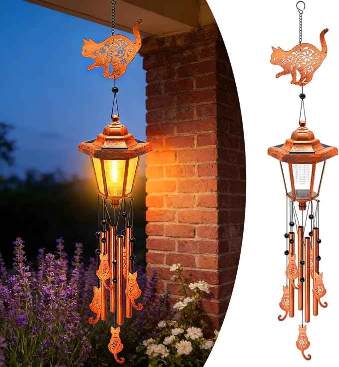 Cat Solar Wind Chimes for Outside, Birthday Gifts for Mom Women Grandma Mother's Day Memorial, 34-Inch Windchimes with Wind Spinner, Outdoor Hanging Solar Lights Waterproof Patio Yard Garden Decor