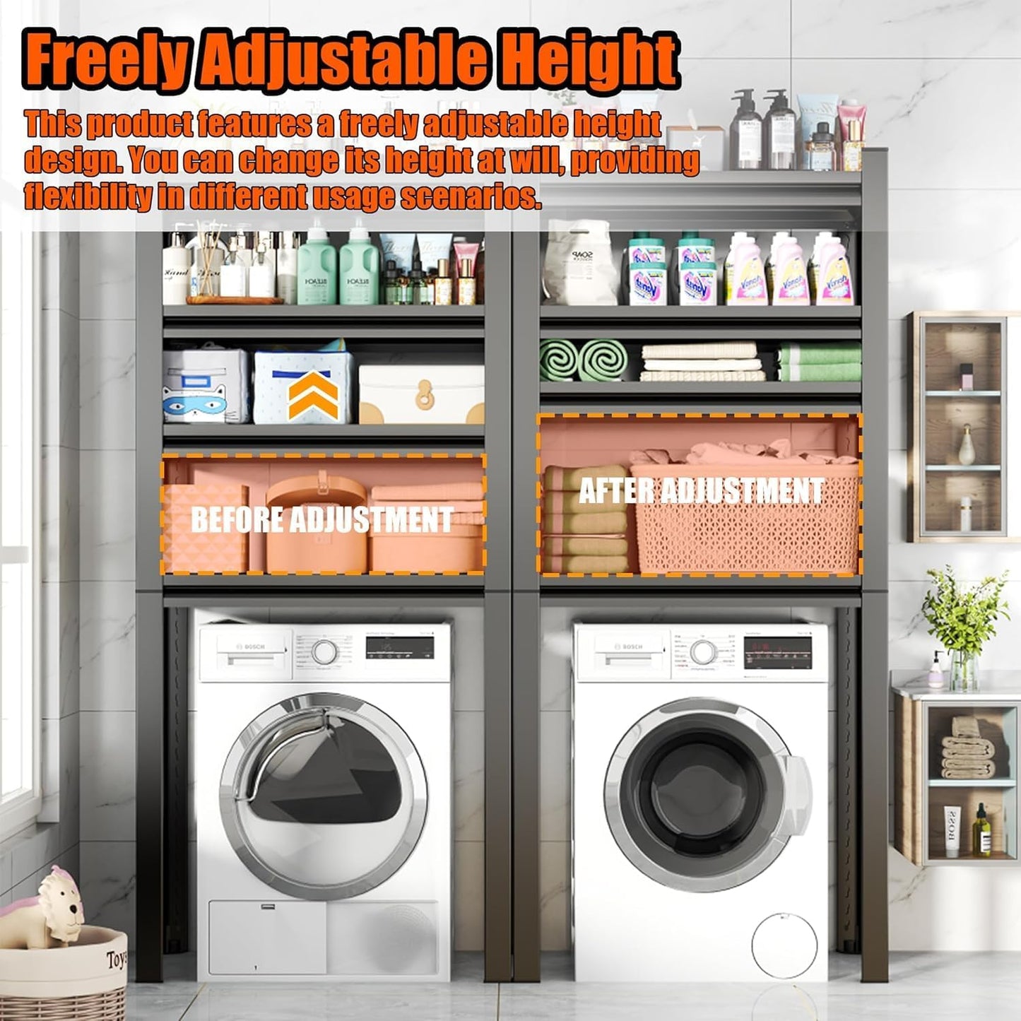 Over Washer and Dryer Storage Shelves,5 Tiers Laundry Room Standing Shelf,Adjustable Metal Shelving Unit,Space Saving Shelf, 63" H x 31.5" W x 15.7" D, Black - NestledHome