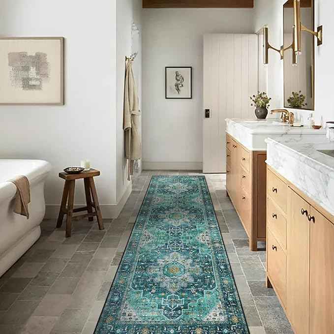 Moynesa Ultra-Thin Washable Runner Rug - 2'6" x 10' Teal Runners for Hallways Stair Carpet Runner, Oriental Non Skid Non Shedding Low Pile Kitchen Mat for Bedroom Mudroom Hardwood Floor