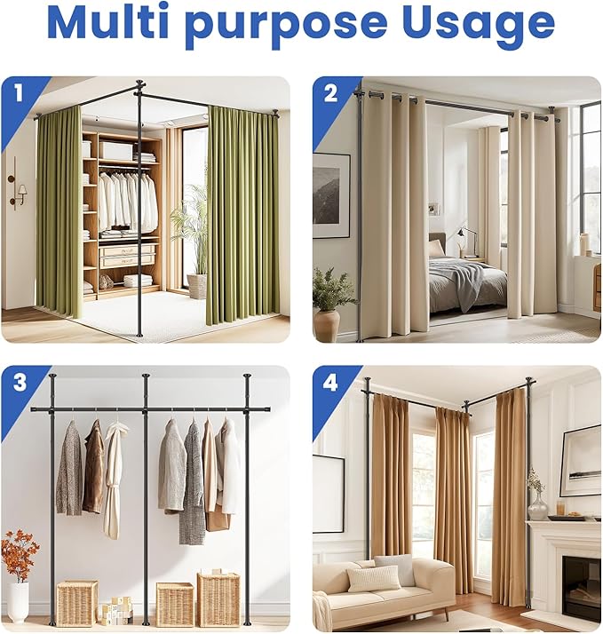 Room Divider Tension Curtain Rods No Drilling Room Separator for Space Partition Adjustable (W) 35-100in×(H) 43-120in, Heavy Duty Temporary Wall Divider Floor to Ceiling Tension Rod, Black, 1 Pack