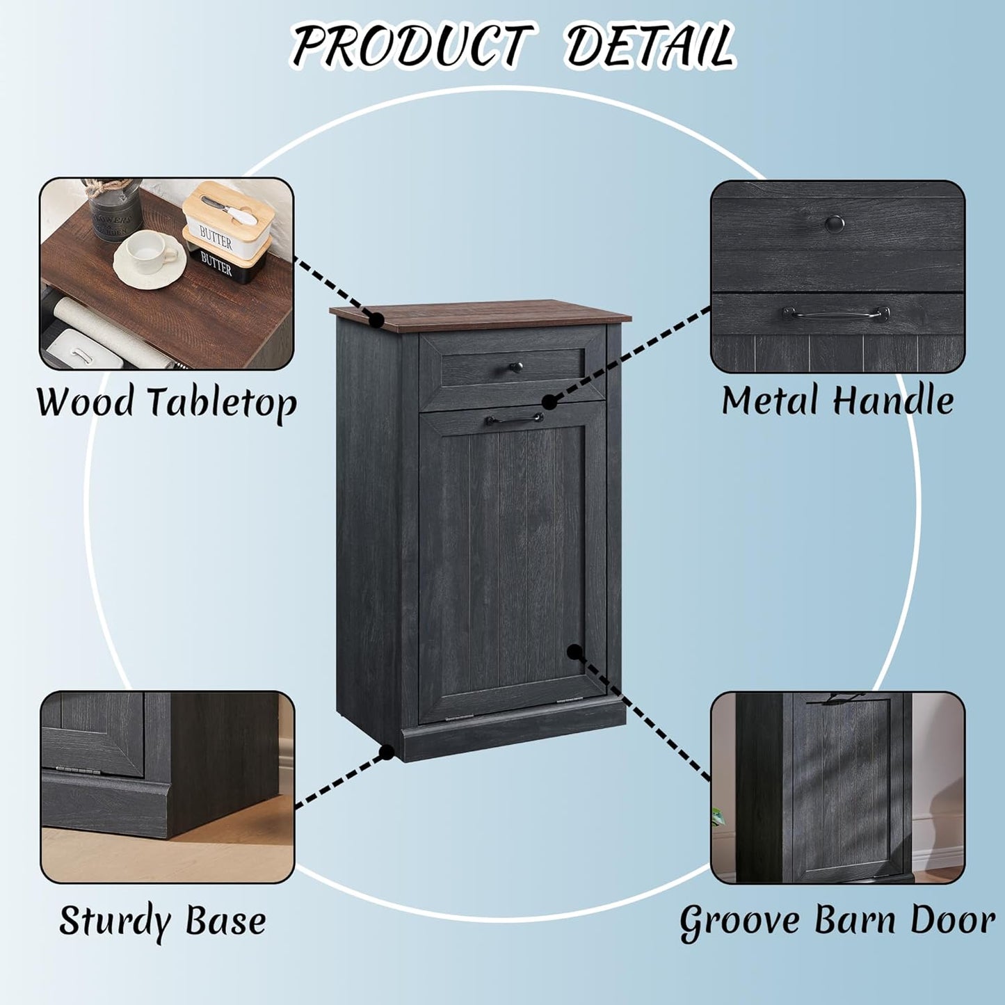 Tilt Out Laundry Hamper Cabinet, 10 Gallon Farmhouse Trash Can Cabinet with Drawer, Hidden Wood Garbage Can Bin Cabinet with Laundry Storage Basket for Bathroom, Kitchen, Dark Grey - NestledHome