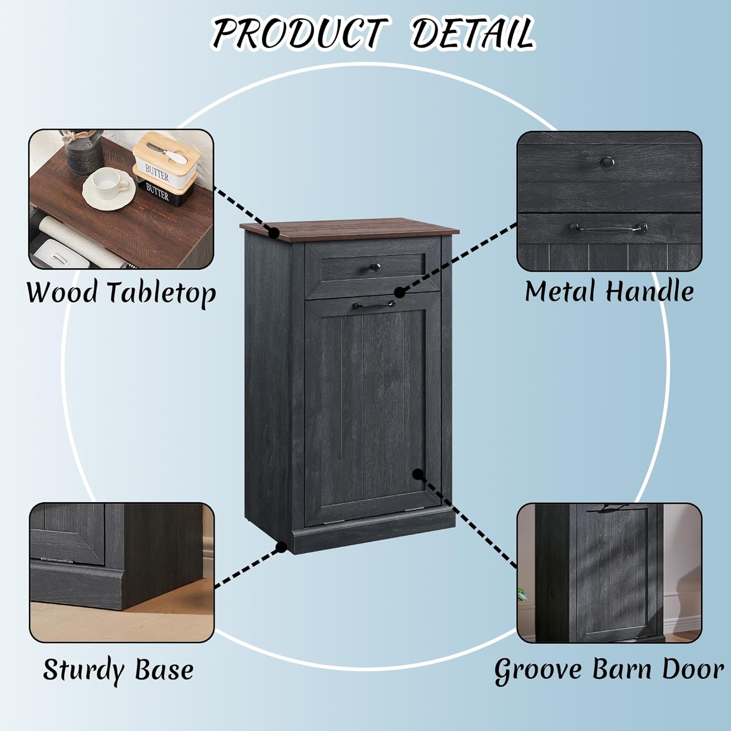 Tilt Out Laundry Hamper Cabinet, 10 Gallon Farmhouse Trash Can Cabinet with Drawer, Hidden Wood Garbage Can Bin Cabinet with Laundry Storage Basket for Bathroom, Kitchen, Dark Grey - NestledHome
