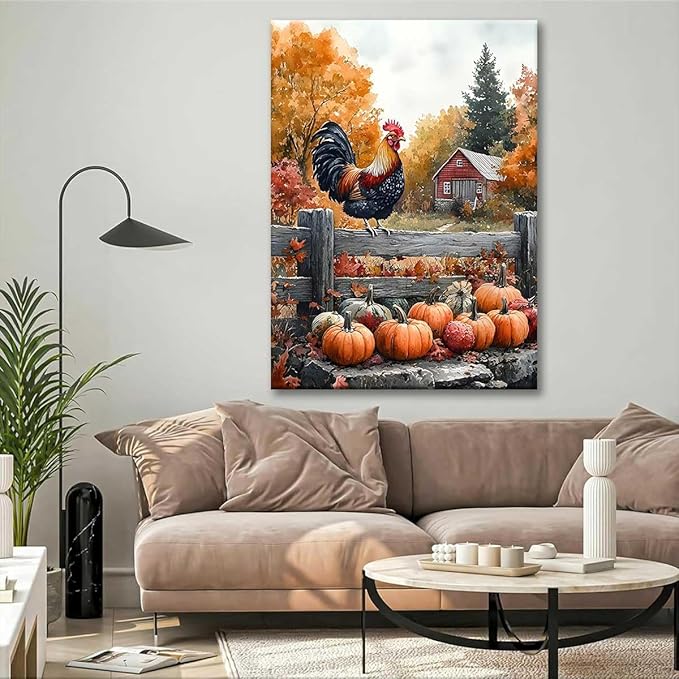 Paint by Numbers Kit for Adults Framed, Autumn Rooster with Pumpkins Farmhouse Scene, DIY Oil Painting, Pre-Printed Canvas Wall Art Home Decor Gift, 16x20inch Framed, 24 Colors