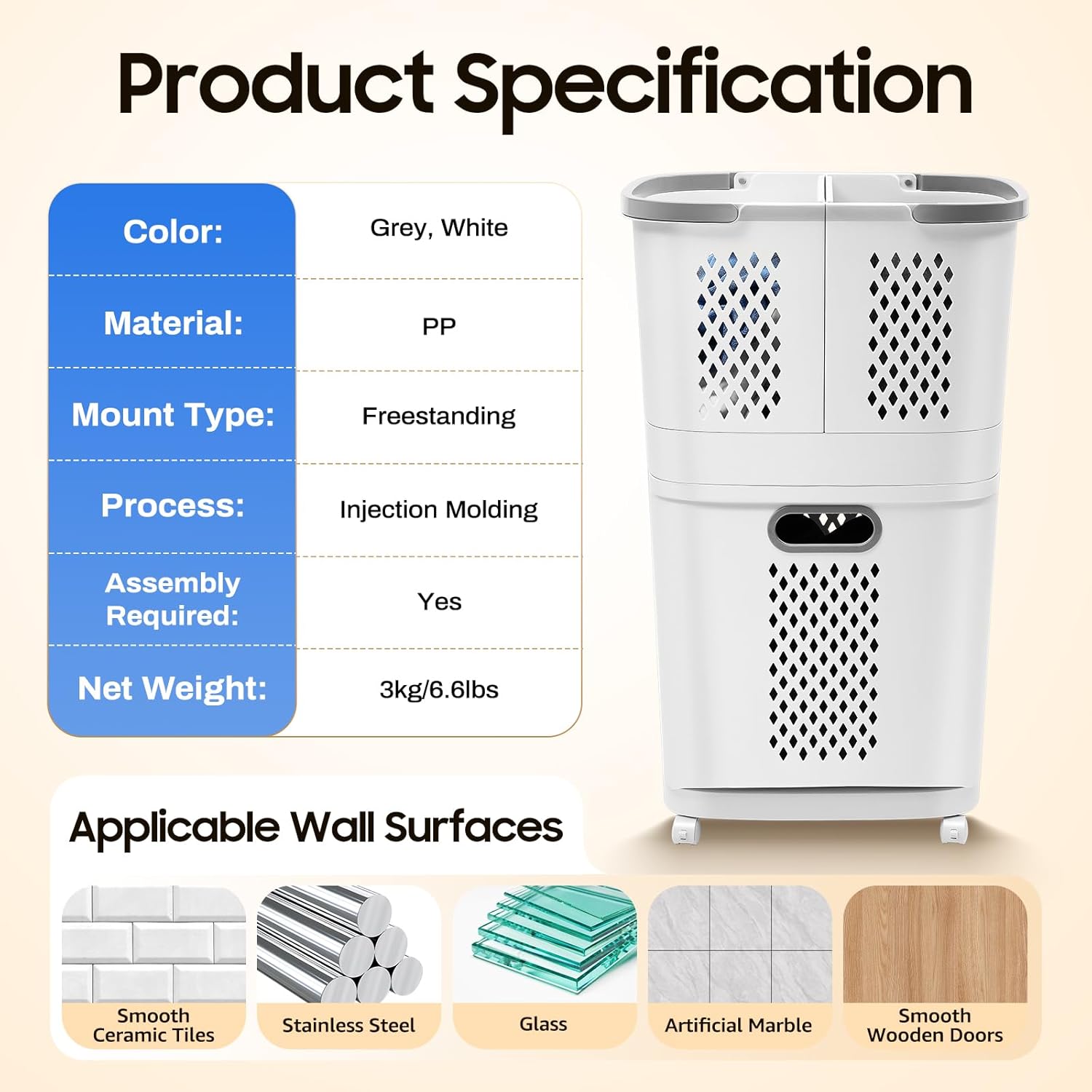 Movable Household Laundry Basket,2 Tier Laundry Hamper Basket Sorter with Wheels&Handle,Large Hand-Held Laundry Basket Clothes Storage Organizer for Bathrooms Bedrooms - NestledHome