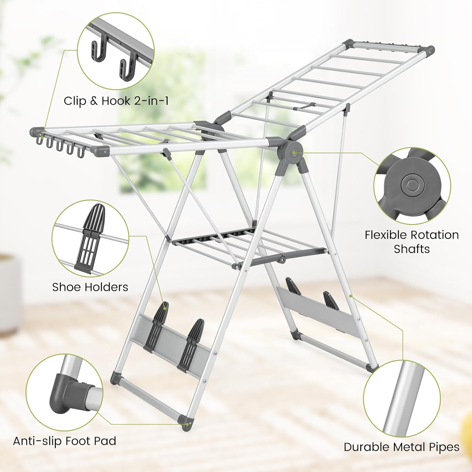 Giantex Clothes Drying Rack, 2-Layer Aluminum Foldable Laundry Drying Rack with 5-Level Adjustable Height, 21 Drying Rails, 10 Side Clips, 4 Shoe Holders, Space Saving Collapsible Laundry Drying Rack - NestledHome