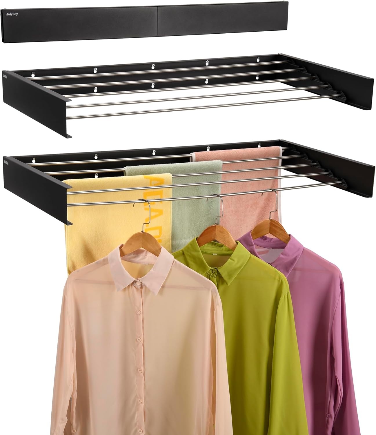 Wall Mounted Laundry Drying Rack, Retractable Clothes Drying Rack for Bathroom with Wall Template, 5 Stainless Rods Heaving 60 lb Capacity (Black, 40") - NestledHome