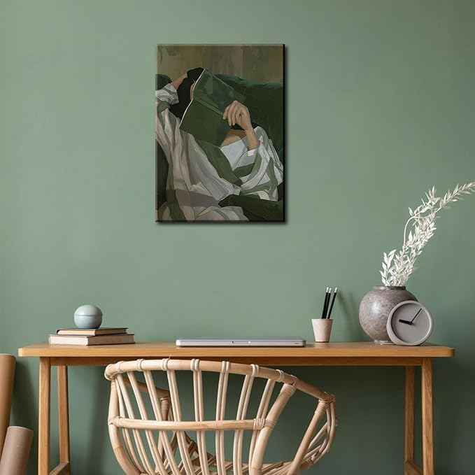 Emerald Green Reading Woman Canvas Wall Art Abstract Cozy People Wall Decor Pictures Minimalist Green Feminine Aesthetic Poster Print for Bedroom Living Room Home Decoration 16x24in