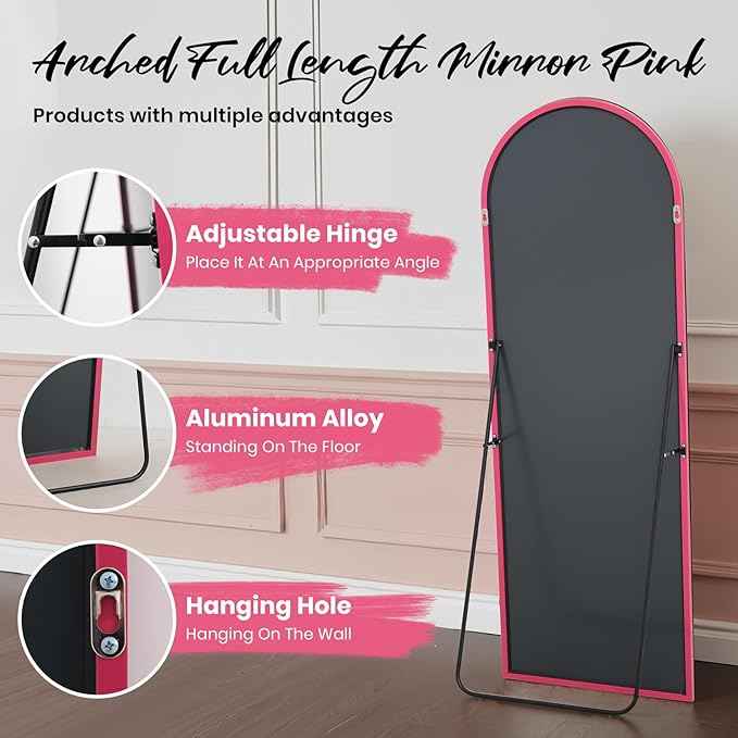 Anpark 19"x57"Arched Full Length Mirror, Full Body Mirror with Stand, Aluminum Frame for Bedroom & Hanging Leaning Modern Simple Home Decor Shatter-proorf Nano Glass Wall Living Room Cloakroom, Pink