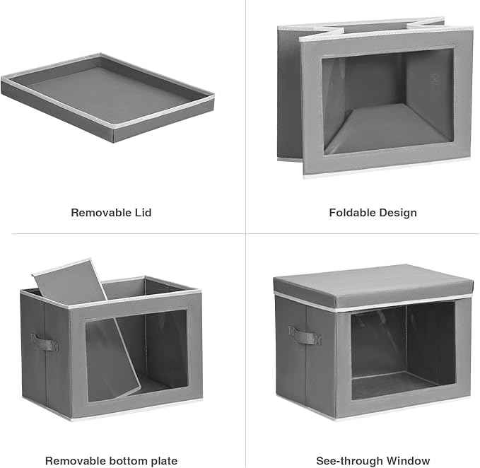 Large Storage Bins with Lids - Fabric Storage Cubes with Window, Collapsible Bins for Clothes, 15.7 Inch Large Baskets for Bedroom, Dorm, Office, Grey, 6 Pack