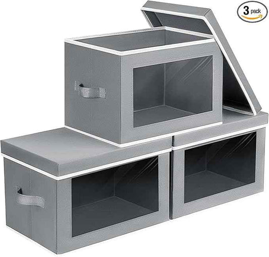 Storage Bins with Lids - Small Fabric Organizers with Window, Collapsible Storage Bins for Clothes, Decorative Closet Organizers for Towels, Tshirt, 3 Pack, Grey
