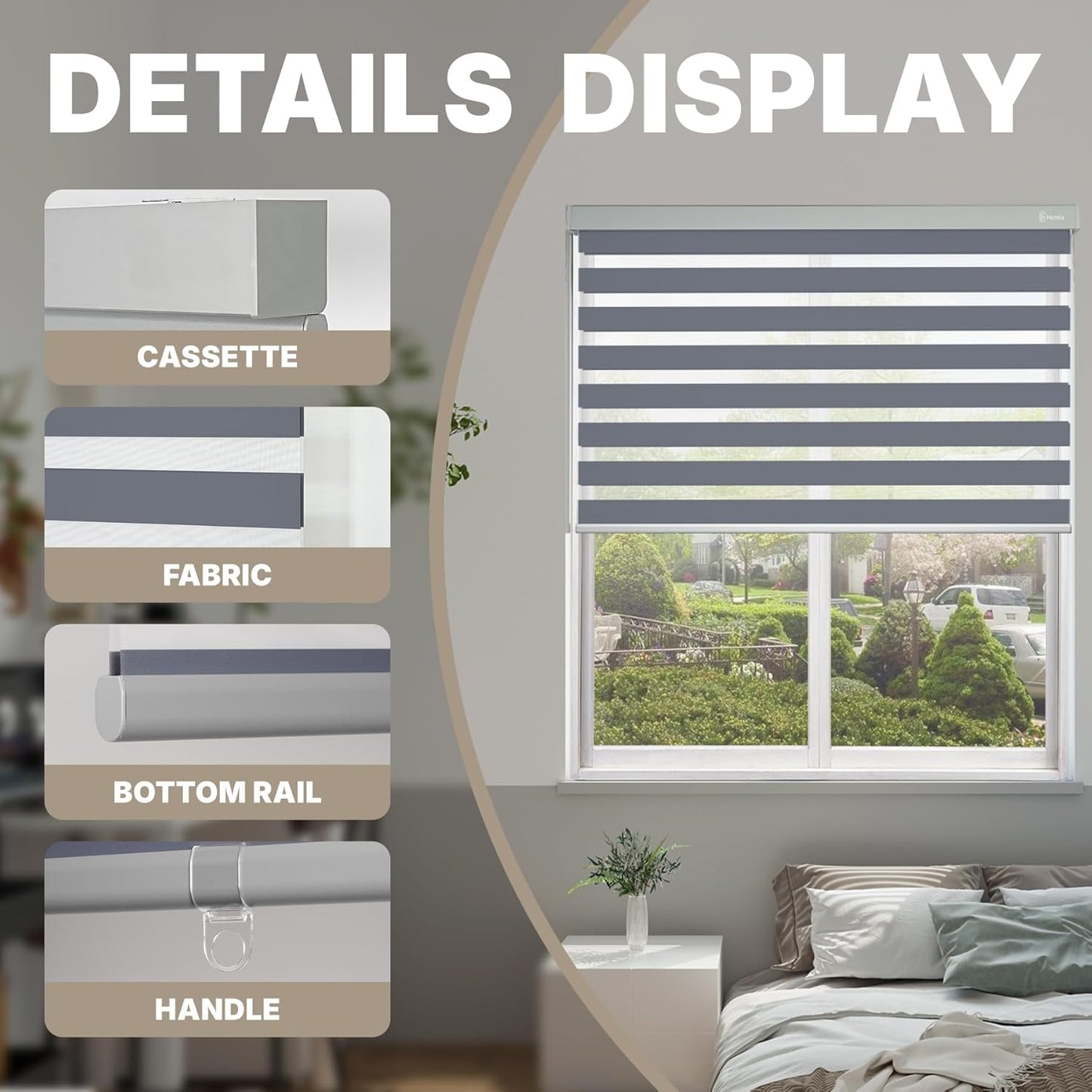 HESTIA Cordless Zebra Blinds Light Filtering Roller Shades UV Blocking Blackout Privacy Indoor Window Blind for Home Office Day and Night, Blue Grey,36" W x 54" H