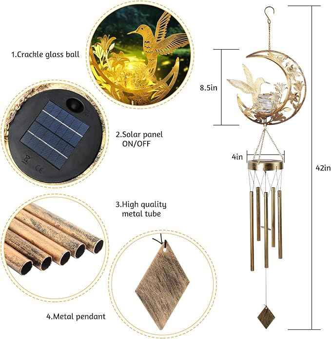Solar Wind Chimes for Outside Hummingbird Gifts for Women Mom Grandma Sister Crackle Glass Ball Wind Chimes Solar Lights Outdoor Decor for Garden Backyard Patio Yard Porch, Mothers Gift Birthday Gifts