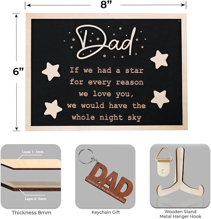 VinaTimes Personalized Star Dad and Kids Framed Sign Father's Day DIY Wooden Engraved Plaque Gifts From Daughter, Son,Wife DIY Family Names Gift for Papa Grandpa FR118-DAD