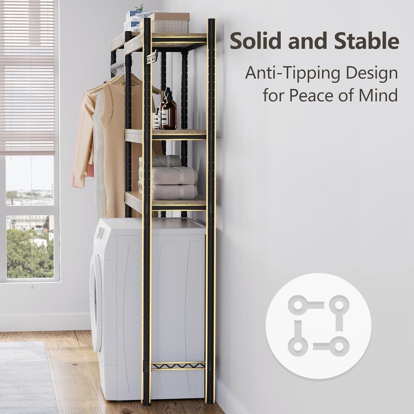 CABIHOME 5-Tier Over-The-Washer Shelf - Adjustable Height Laundry Organizer Space Saver, Double-Layer 100lb Shelves, 2 Hooks for Bathroom/Balcony (Grey & Black) - NestledHome
