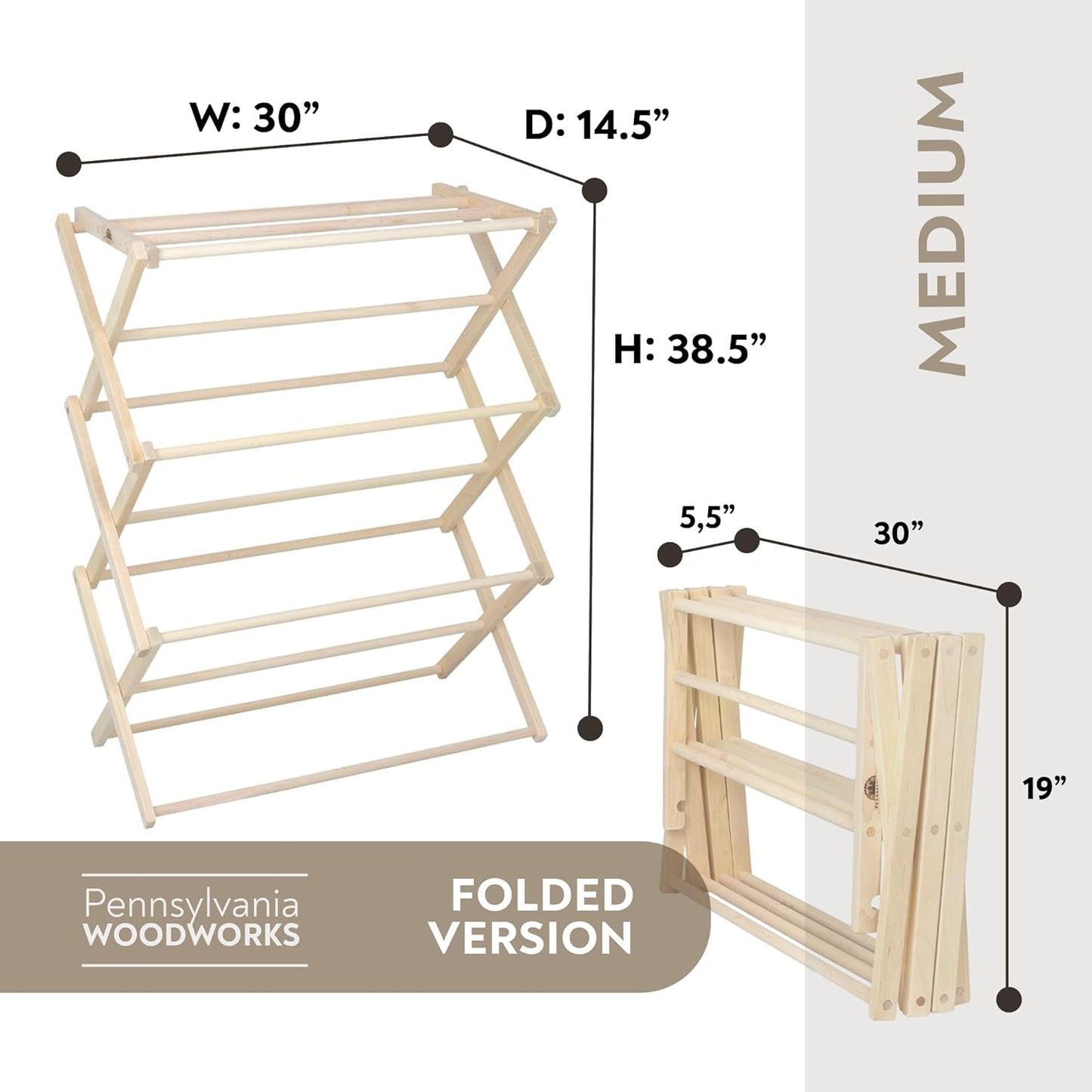 Pennsylvania Woodworks Premium American Maple Clothes Drying Rack - Handcrafted in Pennsylvania - Solid Wood Construction, Collapsible, Eco-Friendly Laundry Solution (Medium) - NestledHome