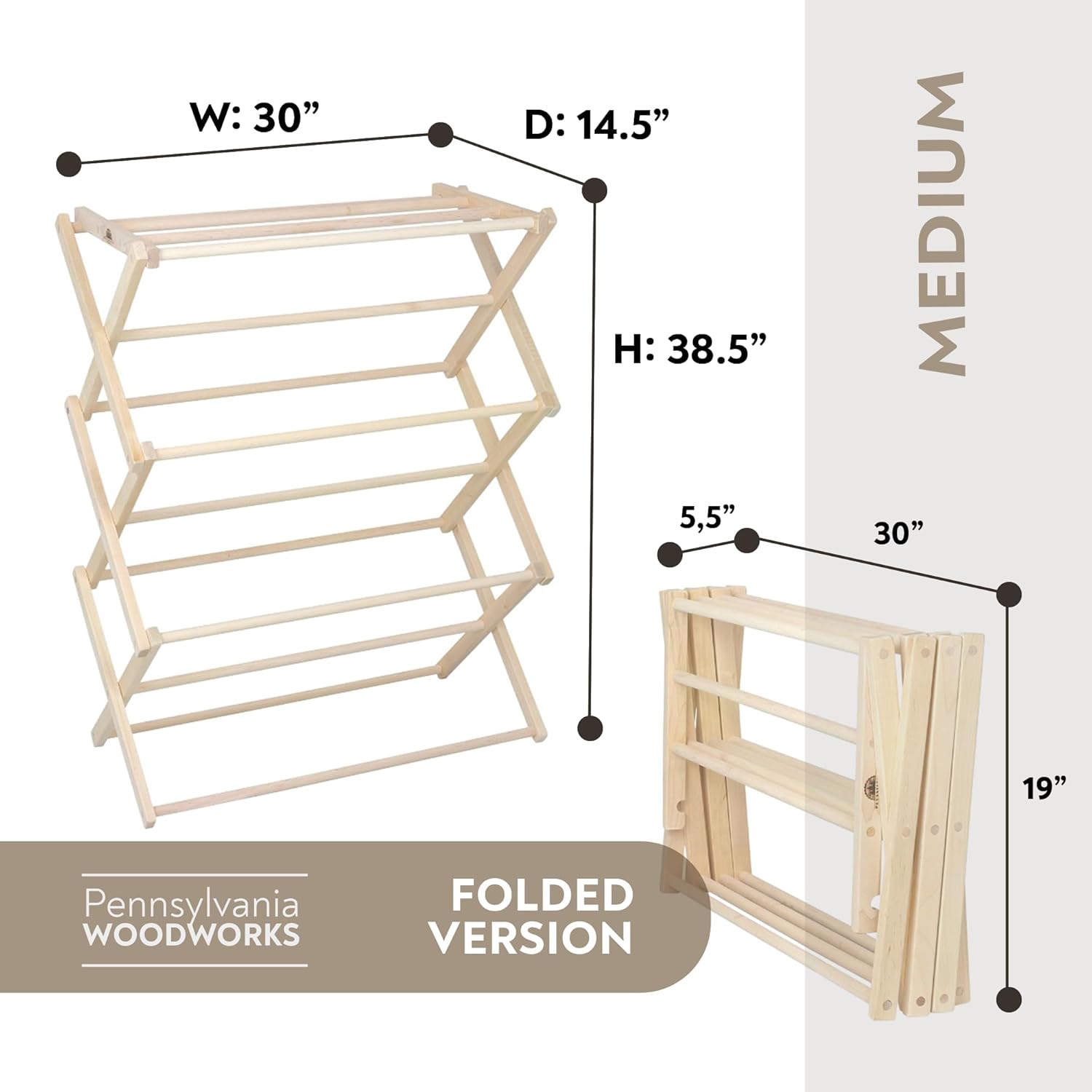 Pennsylvania Woodworks Premium American Maple Clothes Drying Rack - Handcrafted in Pennsylvania - Solid Wood Construction, Collapsible, Eco-Friendly Laundry Solution (Medium) - NestledHome