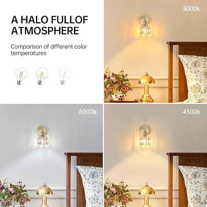 Vintage Wall Sconces with Amber Tulip Glass Lampshade 180 Degree Adjustable Brass Sconces Hradwired Modern Wall Lighting Fixture with Switch for Bedside Bedroom Doorway