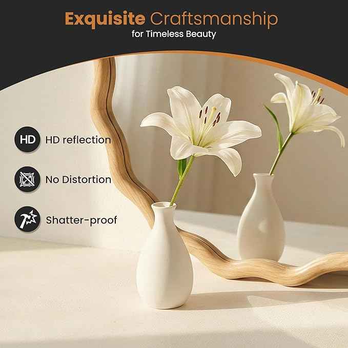 Round Wood Mirrors for Wall, 28" Boho Circle Wavy Mirror with Wooden Frame, Decorative Mirror with Tempered Glass, Natural Wooden Frame Vanity Mirror for Bedroom, Living Room, Entryway