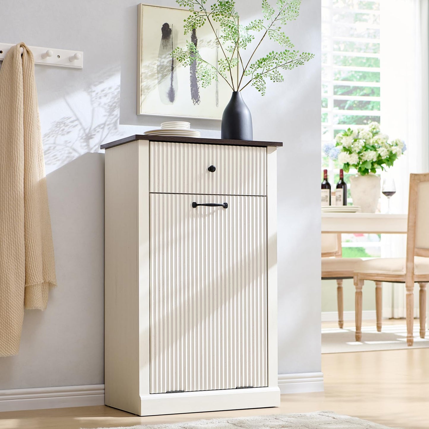 Modern Tilt-Out Trash Can Cabinet, 10 Gallon Fluted Laundry Hamper Cabinet with Drawers, Wooden Hidden Garbage Can Cabinets with Storage Basket, Free Standing for Kitchen and Living Room, White - NestledHome