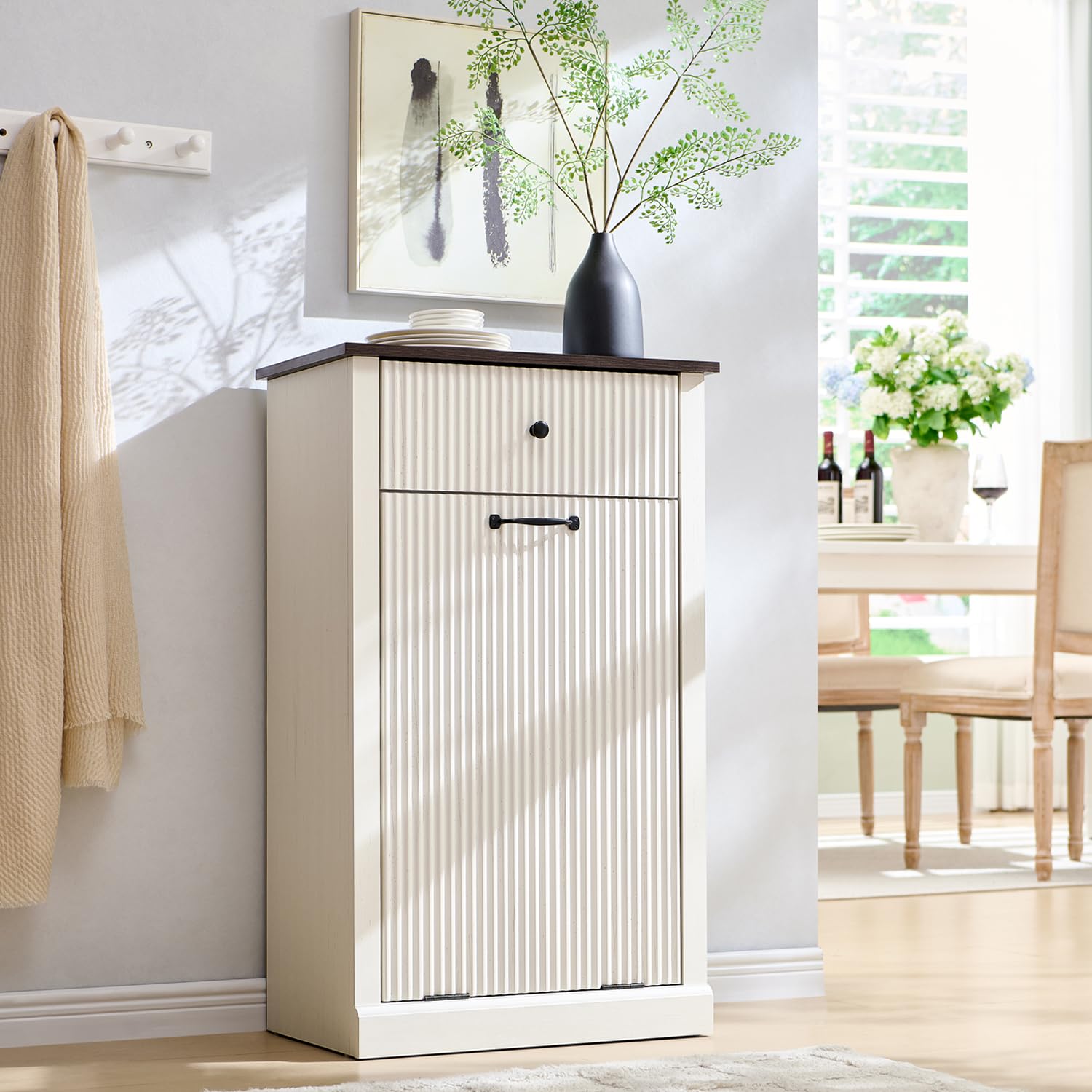 Modern Tilt-Out Trash Can Cabinet, 10 Gallon Fluted Laundry Hamper Cabinet with Drawers, Wooden Hidden Garbage Can Cabinets with Storage Basket, Free Standing for Kitchen and Living Room, White - NestledHome