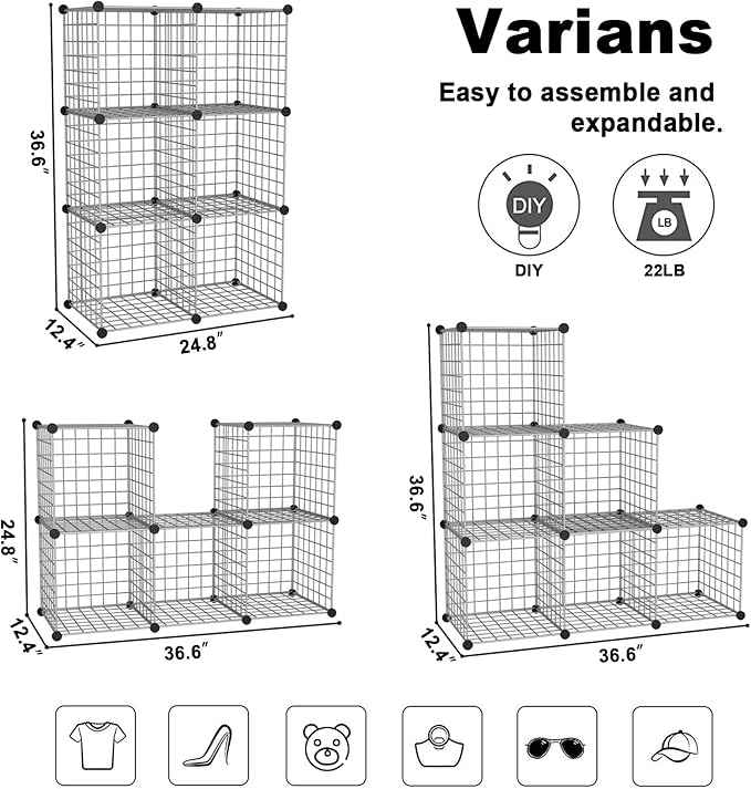 C&AHOME Wire Cube Storage, 6 - Cube Organizer Metal C Grids, Modular Shelves Units, Closet Organizer, Ideal for Home, Office, Living Room, 36.6”L x 12.4”W 36.6”H, Silver Gray UWCS3006G