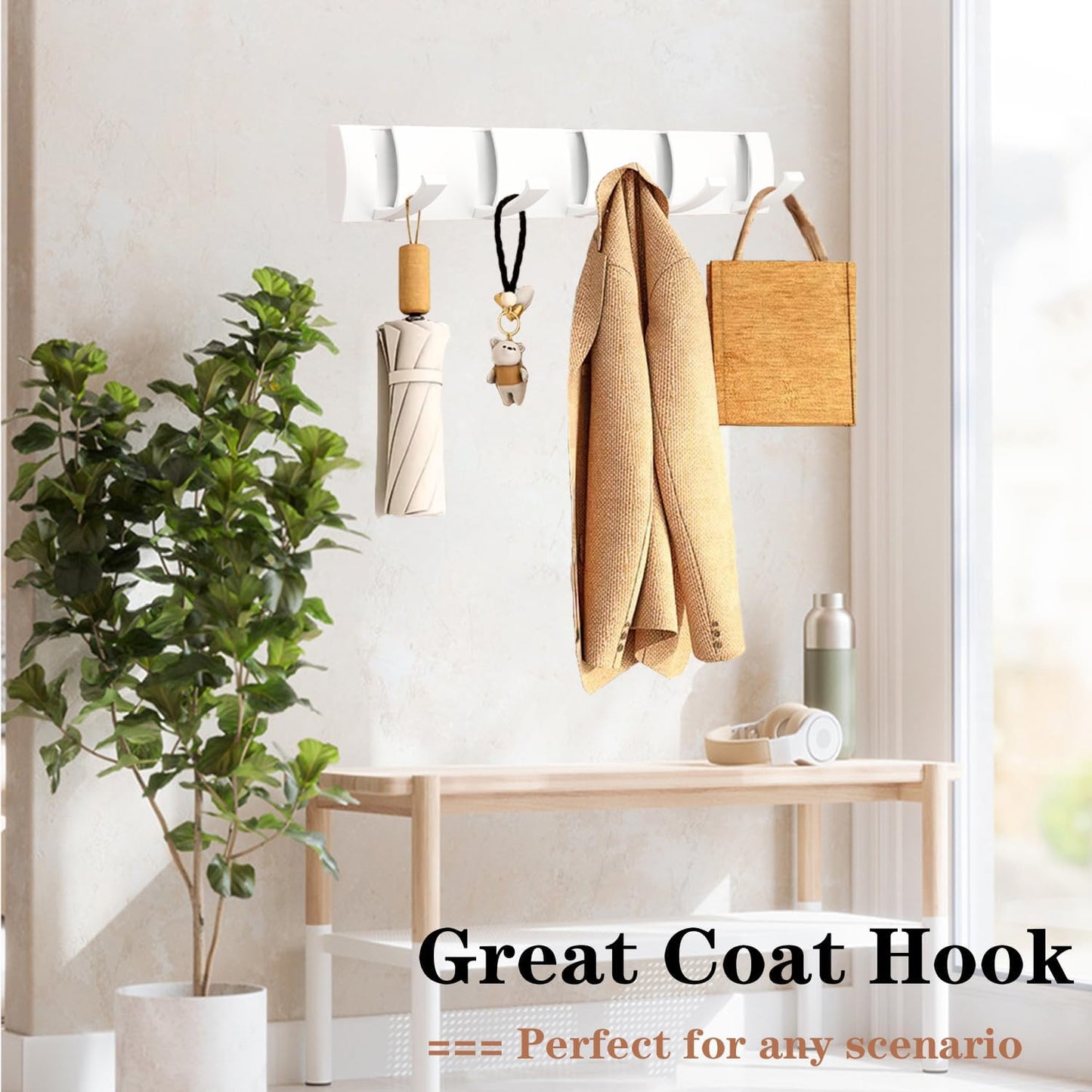 Folding Coat Hooks, Wall Mounted Coat Rack with 5 Retractable Hooks, Heavy Duty Towel Rack for Bathroom Wall Hook for Hanging Clothes Bathrobe, Stainless Steel Coat Hanger for Entryway(White) - NestledHome
