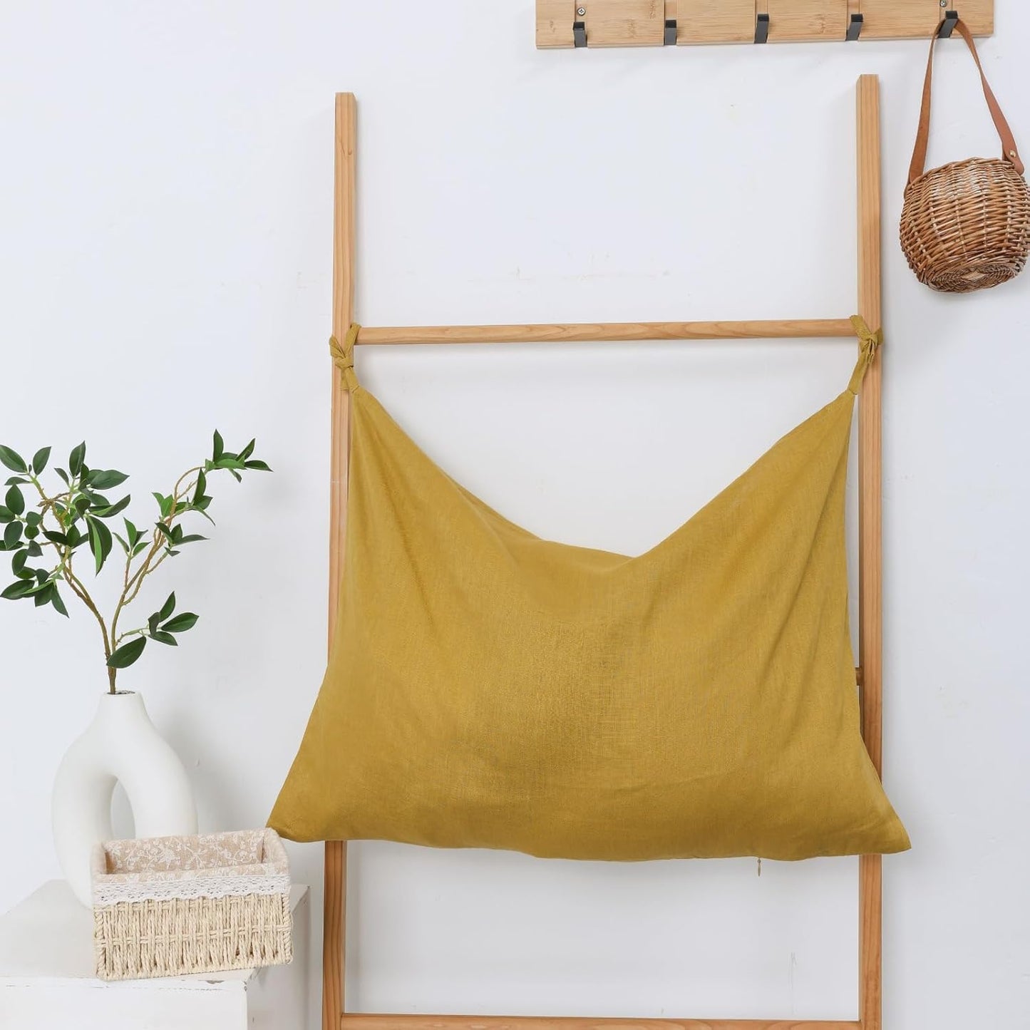 Hanging Linen Laundry Bag, 100% Pure Flax Linen Over The Door Hamper with Bottom Zipper for Laundry Room, Household Dirty Cloth Storage Organizer Bag, Turmeric - NestledHome