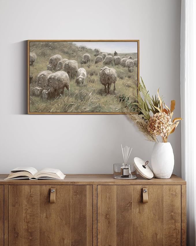 InSimSea Framed Canvas Wall Art Vintage Decor, Sheep on the Dunes Pictures Farmhouse Decor, Large Wall Art Living Room Bathroom Bedroom Office Decorations, 16"x24"