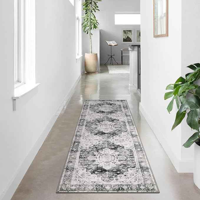 Moynesa Ultra-Thin Washable Runner Rug 2x7 for Hallway Non-Slip, Grey Kitchen Runner Rugs with Rubber Backing, Long Non Shedding Low Pile Bedroom Bedside Carpet for Bathroom Laundry Living Room