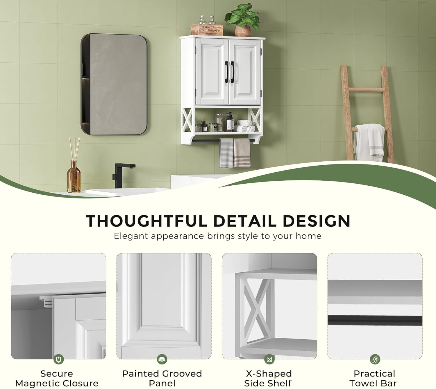 Bathroom Cabinet Wall Mounted, White Bathroom Wall Cabinets with Towel Bar and 2 Doors, Wooden Medicine Cabinet with Adjustable Shelf, Open Storage - NestledHome