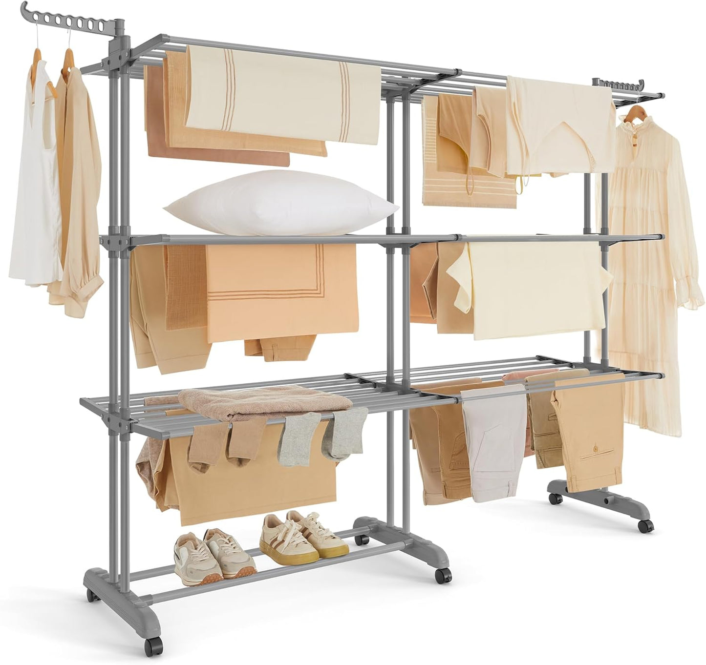 SONGMICS Clothes Drying Rack 4-Tier, Foldable Laundry Drying Rack 69.9-Inch Tall, Extendable Rods, Stainless Steel, Rolling Clothes Horses, Clothes Airer, Indoor Outdoor Use, Dove Gray ULLR704G01 - NestledHome