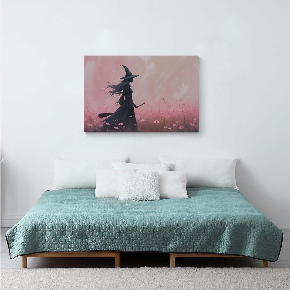 Witch in the pink sea of flowers Halloween prints weird flowers wall art silhouette painting fashionable romantic decoration suitable for bedroom28x40in Wood Framed
