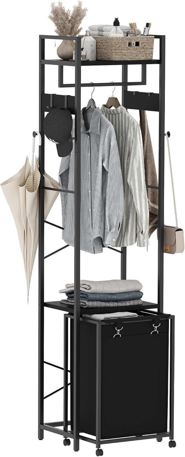 Coat Rack with Laundry Basket, Laundry Hamper Freestanding Hall Tree, Clothes Rack with Storage Shelves, 14.5 Gal Removable Bags on Wheels, Black JLH005B - NestledHome