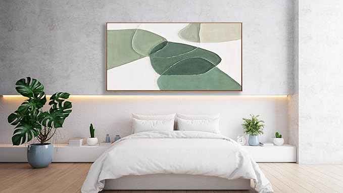 Framed Wall Art Canvas Artwork Green And White Geometric Color Block Line Art Canvas Paintings Wall Decor Modern Home Bedroom Art Office Decor 20"X 40" Framed Ready To Hang