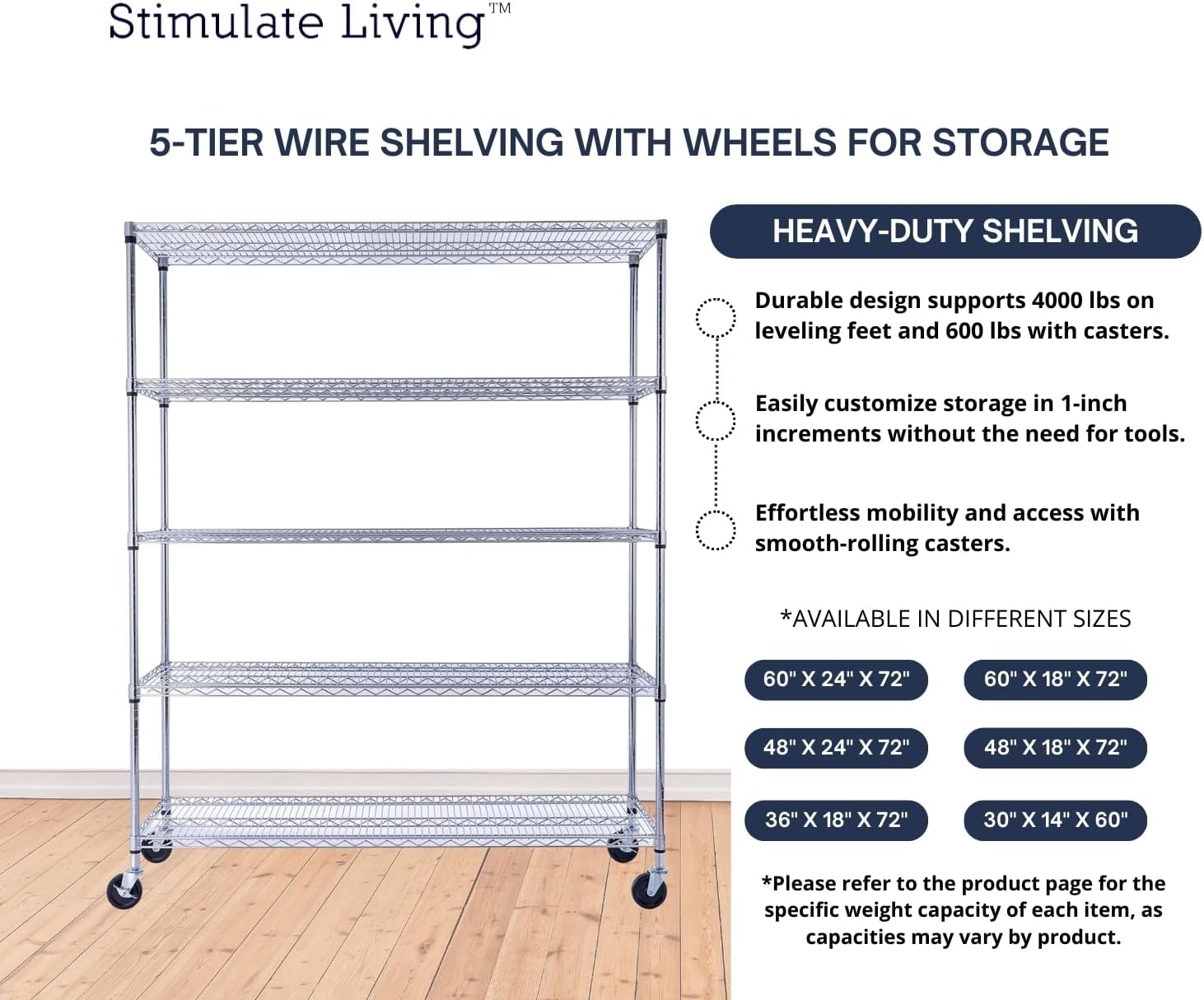 60"x18"x72" PRIME HEAVY DUTY Chrome 5-Tier Wire Shelving 4000 LBS MAX Capacity Storage Rack for Commercial, School, Home, Garage, Warehouse, Industrial, and Hospital Uses (with Wheels) - NestledHome