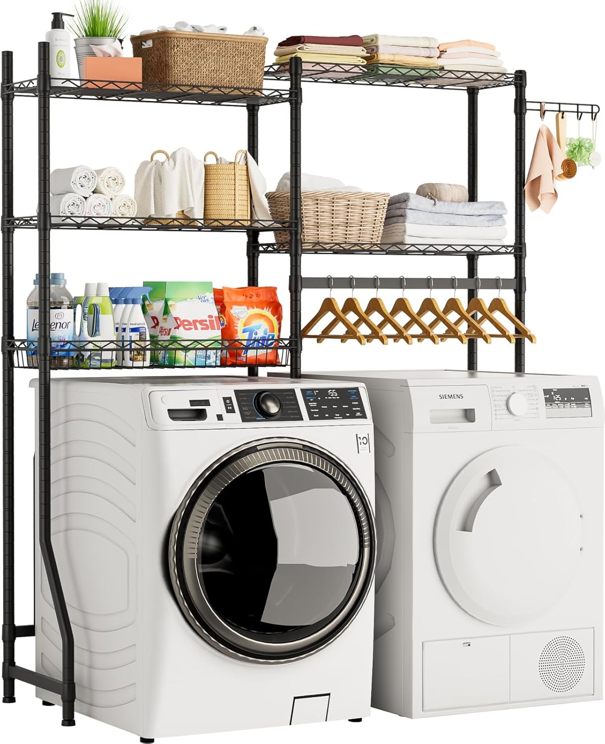 Over Washer and Dryer Shelves,Heavy Duty Laundry Room Storage Organization Clothes Drying Rack,5 Tier Adjustable Height Wire Shelving and Wire Basket with Hanger Rod&Hook,Space Saving Shelf - NestledHome