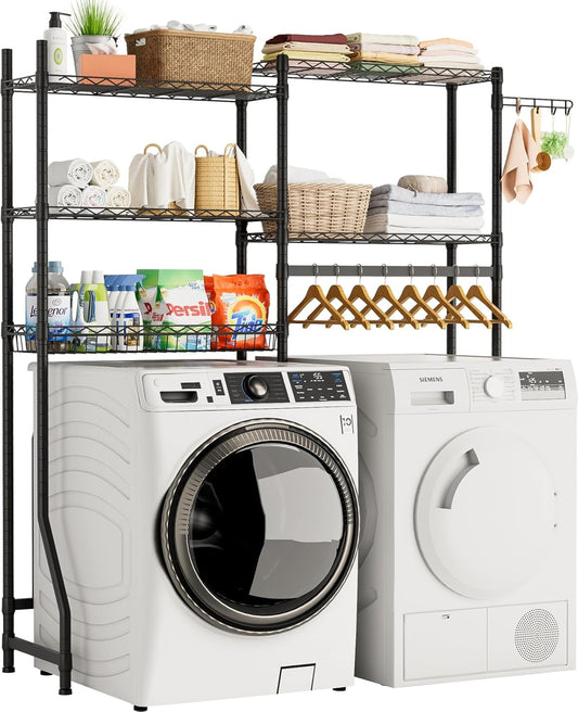 Over Washer and Dryer Shelves,Heavy Duty Laundry Room Storage Organization Clothes Drying Rack,5 Tier Adjustable Height Wire Shelving and Wire Basket with Hanger Rod&Hook,Space Saving Shelf - NestledHome