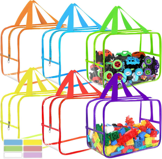 6 Colors Widen X-Large Toy Storage Bags 12.6×9.25×6.9In with Labels, Reusable Clear PVC Board Game Storage, Travel Waterproof Organizer Bags with Zipper for Building Blocks, Puzzle, Stuffed Animals - NestledHome
