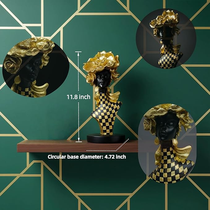 African Queen Sculpture Gold Flower Crown, Black and Gold Checkered Gift Statue, Luxury Art Figurine for Home Decor Shelf Table Display