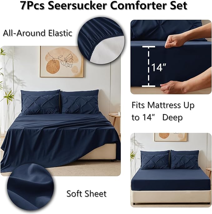 CozyLux California King Comforter Set Navy Blue - 7 Pieces Cal King Pintuck Bed in A Bag Gift for Family, Pinch Pleat Bedding Sets with All Season Comforter, Sheets, Pillowcases & Shams