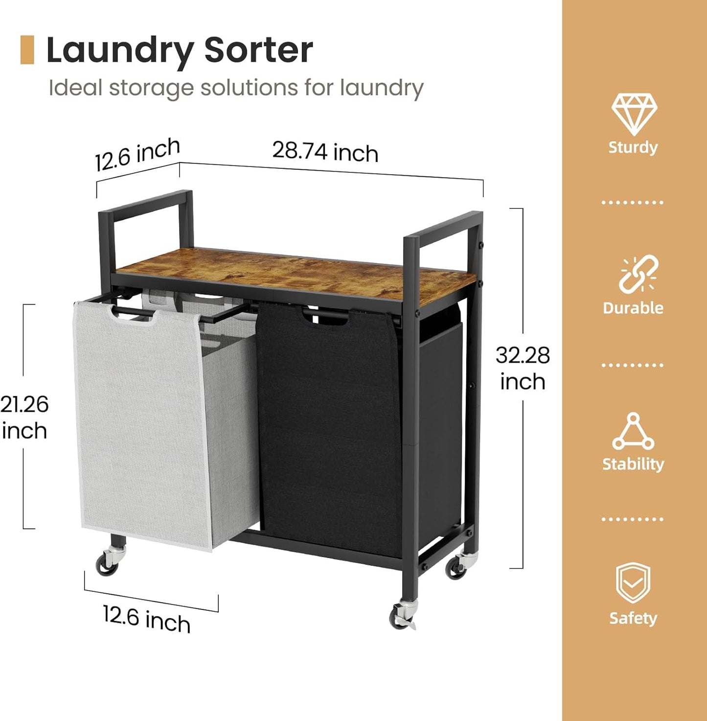 Laundry Hamper, Laundry Basket, Laundry Sorter with 2 Removable Bags, Clothes Basket with 2 Compartments, Wheels, Shelf for Laundry Room Bathroom Bedroom (2 Bags-Black Grey) - NestledHome